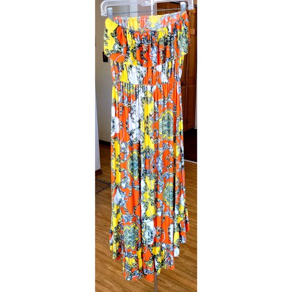 Elan Womens M Strapless Cover Dress Hi Low Stretch Orange Bold Tropical Beachy - Picture 6 of 8